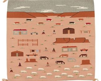 6090
A Navajo Pictorial Weaving, By Betty R. Begay
Fourth-Quarter 20th Century, Diné
Woven in polychrome wool depicting a mesa landscape with figures, horses, houses, and cars
35" H x 37" W
Estimate: $400 - $600