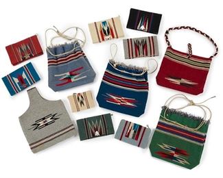 6091
A Group Of Chimayo Handwoven Wool Purses
Mid-20th Century
Various makers including: Ganscraft, Ortega's, Trujillo's Weaving Shop, La Azteca, El Grandee-Fred Harvey
Each handwoven from New Mexico Chimayo wool with polychrome geometric designs, comprising six large clutch-style flap-top purses, one large zip-top purse, one small zip-top pouch, one larger shoulder purse with braided strap, one large arm bag in grey, three draw string backpacks; some with figural silver-toned snaps, interior zippers, and interior buttons, one original comb and mirror, 13 pieces
Clutch type: 6" H x 9.75" W approximately
Estimate: $800 - $1,200