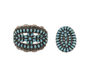 6101
Two Zuni-Style Silver And Turquoise Jewelry Items
20th Century
Each appears unmarked
Comprised of a three wire floral cluster bracelet with narrow rope outlines
(6.875" total inner C x 2.125" W, wrist opening: 1.25"), and a cluster ring (ring size: 8.25, 2.25" H), 2 pieces
70.0 grams gross
Estimate: $300 - $500