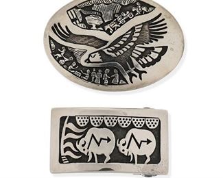 6137
Two Hopi Overlay Belt Buckles
Fourth-Quarter 20th Century
Two works:

An oval silver overlay buckle depicting an eagle and figures in a landscape
Stamped: HY [possibly for Hubert Yowytewa]
2" H x 2.75" W

A small rectangular silver overlay buckle depicting buffalo
Stamped with pictograph snowcloud mark [for Bueford Dawahoya] / ©
1.25" H x 2.25" W

2 pieces
70.9 grams gross
Estimate: $200 - $300