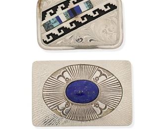 6141
Two Navajo Silver Buckles
Late 20th/Early 21st Century
Two works:

A Jay Livingston cast, overlay, stamped, and chiseled silver buckle with central lapis lazuli cabochon
Stamped: Jay Livingston [Diné/Zuni] / Sterling
2" H x 3" W

A Julius Keyonnie buckle with channel set multistone inlay and chased silver overlay designs
Stamped with conjoined JK [for Julius Keyonni, Diné]
1.75" H x 2.75" W

2 pieces
161.0 grams gross
Estimate: $400 - $600
