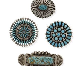6174
A Group Of Southwest Brooches
Second-Half 20th Century
Four works:

A long oval Navajo turquoise set brooch with wire work and stamped designs
Stamped: TM [for Terry Martinez, Diné] /Sterling
1" H x 2.75" W

A round Zuni-style petit point turquoise cluster brooch / pendant
Appears unmarked
1.75" Dia.

An Alice Quam Zuni turquoise cluster set brooch
Stamped: A.Q. [for Alice Quam]
1.75" Dia.

A Perry Shorty Navajo oval stampwork brooch with central set turquoise cabochon
Stamped: P Shorty [for Perry Shorty, Diné]
1.375" H x 1.5" W

4 pieces
62.6 grams gross
Estimate: $200 - $300