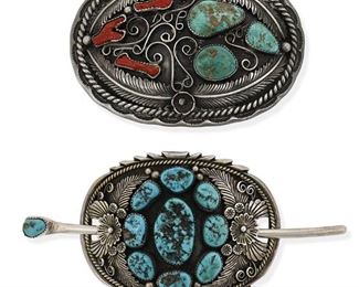 6175
A Navajo Turquoise And Coral Belt Buckle And Hair Slide
Late 20th/Early 21st Century
Two works:

A large oval buckle with bezel set turquoise and branch coral with silver feather and wirework applied decoration
Stamped with unknown pictograph O with horns / Sterling
3" H x 4" W

A Mel Tsosie hair slide with stick, featuring nine central cluster set turquoise stones surrounded by ornate feather and floral applied silver motifs
Inscribed signature: Mel Tsosie [for Melvin Tsosie, Diné]
2.5" H x 3.75" W; stick: 5.25" L

2 pieces
182.8 grams gross
Estimate: $400 - $600