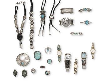 6181
A Large Group Of Native American Silver Jewelry
Second-Half 20th Century
Twenty-three works:

A Rick Manuel 'Man in the Maze' silver overlay cuff bracelet
Stamped with pictograph mountains with stars over R-
7.25" total inner C x 2" H, wrist opening: 1.375"

A stamped silver Navajo cuff bracelet
Stamped: Ron Y. [for Ron Yazzie, Diné] / Sterling
6.5" total inner C x 0.875" H, wrist opening: 1.25"

A Delvin Nelson inlaid turquoise and coral child's silver cuff bracelet with stamped terminals
Stamped: DJN
6" total inner C x 0.5" H, wrist opening: 0.875"

A narrow silver child's cuff bracelet with central bezel set turquoise stone
Stamped: HBY [possibly for Harry B Yazzie, Diné] / Sterling
6" total inner C x 0.75" H, wrist opening: 0.75"

A small cuff bracelet with central stone and stamped decoration
Appears unmarked
6.25" total inner C x 0.75" H, wrist opening: 1.125"

A turquoise, silver and gold chunky ring with steer head motifs
Stamped with a partial: G (within triangle) & (ille