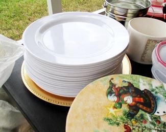 Holiday food party supplies, large plastic plates, food storage bins, decorative serving trays