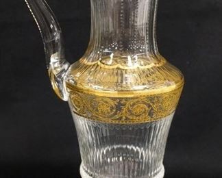 1001 ST LOUIS CRYSTAL PITCHER, CUT, ETCHED & GILT, SIGNED W/CIRCULAR ACID STAMP, APPLIED HANDLE & POLISHED PONTIL, 12 1/2 IN HIGH