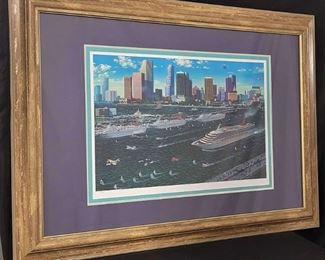 https://ctbids.com/estate-sale/13112/item/1081514 "Miami Cruising" Seriolithograph by Alexander Chen (1997)
This Alexander Chen seriolithograph boasts a fun scene in Miami on a sunny day of cruise ships and coastal activities along a skyscraper city view. Centered on a layered matted trim with complementing colors, and framed in a detailed wood like frame with hints of gold. It is signed in pencil, annotated "E" and numbered. This signed print is production number 368/695 and measures an approximate 32"x44". It was professionally framed by Aaron Brother's Art & Framing. Ready to be hung by secured brackets on back.  Please see photograph of the certificate of authenticity.