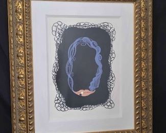 https://ctbids.com/estate-sale/13112/item/1081583 "Numeral 0" Serigraph By Erté (Father of Art Deco)
"Numeral 0" by Erté is an art deco piece that would be a great addition to your home. This piece of art is numbered 42/350 and signed. The total, with frame, measurement is approximately 27"x32". There are a few scratches on the frame cover. The artist brilliantly created a pair of lips smoking, and as the smoke billows out from the lips it creates the image of a 0. The gold ornate frame is the perfect look for this piece, and it is ready to be a part of your home décor. Secured brackets with framing wire located on back of frame for mounting. See pictures for inspection sticker. See pictures for imperfections with frame. 