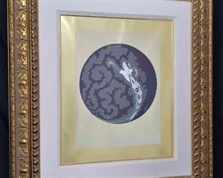 https://ctbids.com/estate-sale/13112/item/1081663 "La Jalousie" by Erté (Father of Art Deco)
"La Jalousie" by Erté is a wonderful piece. The art itself displays a sphere with a person appearing as a serpent. The sphere boasts deep colors with pops of green, gold, and silver. The sphere is surrounded by a gold matted background, followed by a raised linen, then framed in a gorgeous ornate gold frame. This piece measures approximately 35"×31", including the frame. This piece is ready to be a conversation starter in your home. Hang this beauty with the picture wire located on the back of the frame.  Please check all art lot photos as they may have a certificate of authenticity or an appraisal.