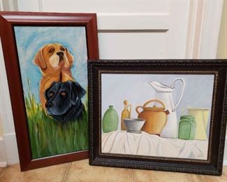 https://ctbids.com/estate-sale/13112/item/1202766 Framed Signed Paintings By Sparky and Sandra Arbuckle
Show your love for art with this collection by Sparky and Sandra Arbuckle. The dog painting measures 28"H x 15 1/2"L and the still life painting measures 24"L x 20"H. 