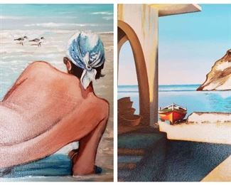 https://ctbids.com/estate-sale/13112/item/1202767 Dale Keene (Aiken, SC Artist-2007)
These beach themed paintings could be yours! The Keene painting measures 21"L x 17"H and the other painting measures 12"L x 16"H. Name of artist cannot be determined.