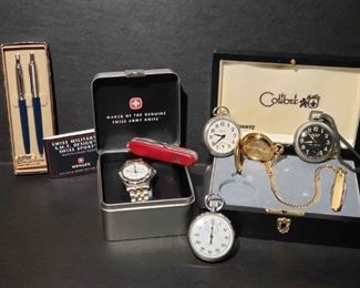 https://ctbids.com/estate-sale/13112/item/1216381 Swiss Army Knife, Watch & Pocket Watch Collection, Jotter Writing Set
Collection of watches, pocket watch, writing instruments, and a Swiss Army knife. 
