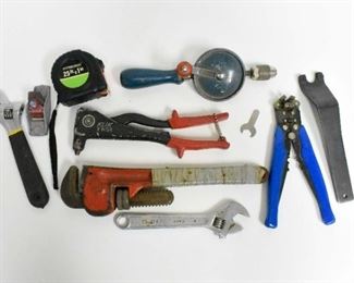 Various Hand Tools Pipe Wrench Riveter & More