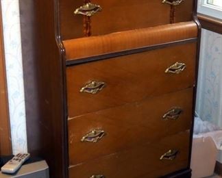 Antique Waterfall Style 5 Drawer Chest Of Drawers, 50" x 30" x 17.5"