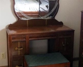 Vintage Art Deco 4 Drawer Vanity With Mirror, And Bench, 65" x 40" x 17", Bench, 17" x 22" x 14"