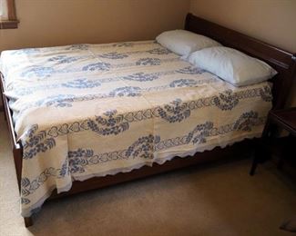 Vintage Art Deco Full Size Bed Including Headboard, 38" x 56", Footboard, Mattress, Bedding