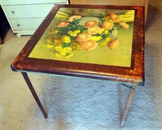 Vintage Wood Folding Card Table With Floral Print, 30" x 30"