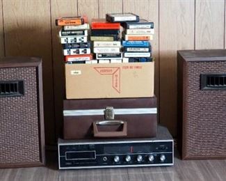 Sears 8 Track AM/FM Stereo System, With 2 Book Shelf Speakers, And 8 Track Assortment
