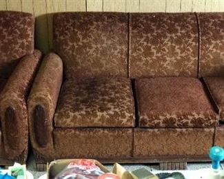 Antique 3 Cushion, With Carved Wood Trim, 31" x 72" x 32", Includes Matching Chair