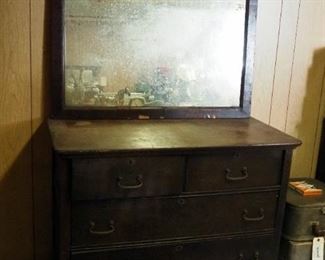 Antique Solid Wood 4 Drawer Dresser With Mirror, 55" x 40" x 20"