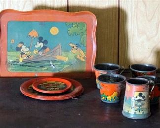 Vintage Tin Mickey And Minnie Mouse Tea Set, Including Pitcher, Cups, Qty 4, Saucers, Qty 4, And Plates, Qty 4