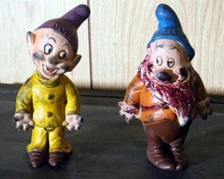 Vintage Latex Bashful And Dopey Figures, 5.5" Tall, And Frozen Charlotte Porcelain Figurine, 3.5" Tall