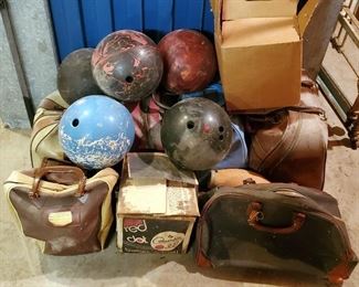 Vintage Bowling Balls, Qty 12, And Bowling Bags