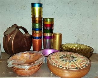 Multi Colored Aluminum Cups, Qty 22, Sunburst Bowls, Wood Salad Bowls, Pitcher, And More