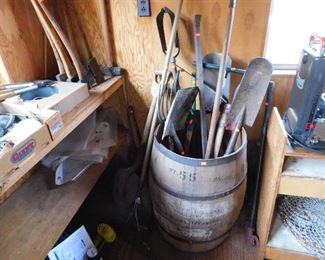 wooden barrel, yard tools