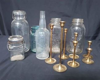 6 Jars and bottles 7 Brass Type Candlesticks