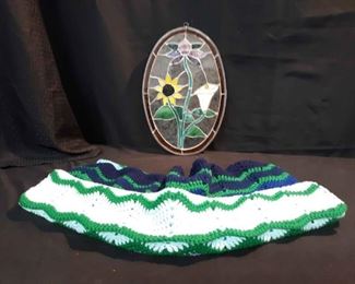 One Beautiful Stained Glass Window And Hand Crocheted Blanket