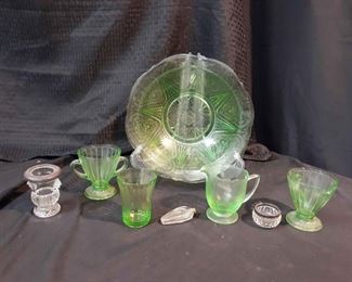 Vintage Green Glass Bowl With Assorted Cups