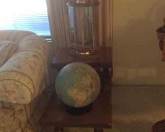 Retro end table, globe, wood and glass lamp