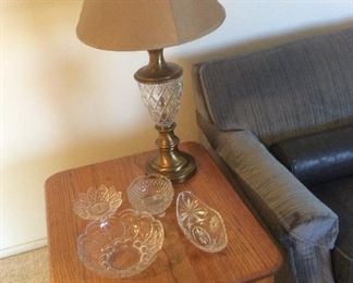 Pine side table, cut glass pieces, cut glass lamp-part of pair