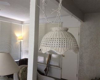 White wicker hanging lamp, priced separate from furniture set