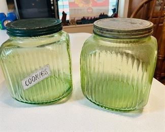 Depression glass cookie jars.