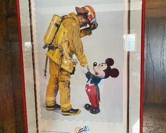 Custom Framed Mickey Mouse Shaking Firefighters Hand Wall Hanging 