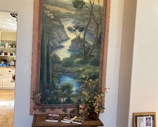 10’ tall painting Tuscan river - wooden bench