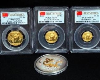 2012 Prestige Panda First Strike Set, Includes 500 Yn, 200 Yn, 100 Yn, 50 Yn, 20 Yn .999 Gold Coins, And 1 oz Lunar Dragon .999 Silver Medallion