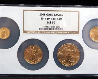 2008 American Eagle Gold Coins, Qty 4, Includes $50, $25, $10, And $5, (Approx 1.85 Total Oz Of Gold), Certified By NGC, Graded MS 70