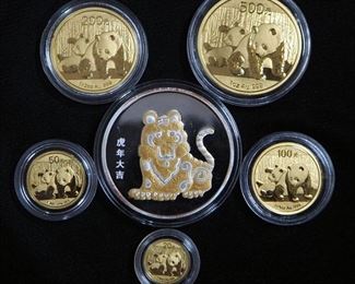 2010 China Panda Gold And Lunar Premium Set, Includes 500 Yn, 200 Yn, 100 Yn, 50 Yn, 20 Yn .999 Gold Coins, And 1 oz Lunar Lion .999 Silver Medallion