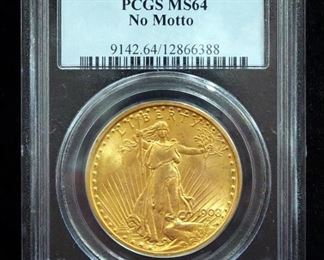 1908 St. Gaudens Double Eagle (No Motto) $20 Gold Coin, Certified By PCGS, Graded MS64
