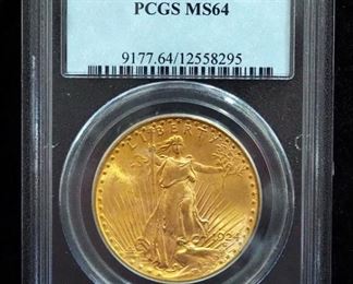 1924 St. Gaudens Double Eagle $20 Gold Coin, Certified PCGS, Graded MS64