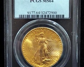 1924 St. Gaudens Double Eagle $20 Gold Coin, Certified PCGS, Graded MS64