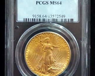 1911 D St. Gaudens Double Eagle $20 Gold Coin, Certified PCGS, Graded MS64