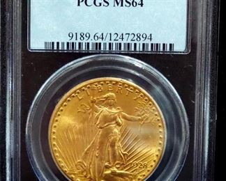 1928 St. Gaudens Double Eagle $20 Gold Coin, Certified PCGS, Graded MS64