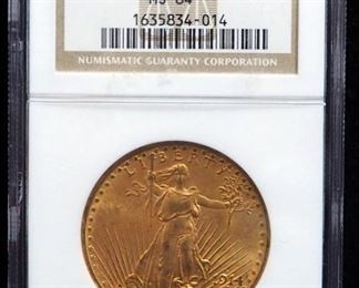 1914 S St. Gaudens Double Eagle $20 Gold Coin, Certified NGC, Graded MS64