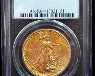 1914 D St. Gaudens Double Eagle $20 Gold Coin, Certified By PCGS, Graded MS64