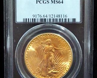 1923 D St. Gaudens Double Eagle $20 Gold Coin, Certified By PCGS, Graded MS64