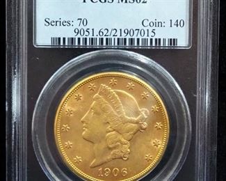 1906 S Liberty Head Double Eagle $20 Gold Coin, Certified By PCGS, Graded MS62